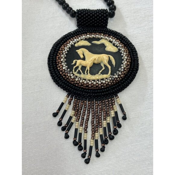 Handcrafted Beaded Necklace Horse Cameo Seed Bead Fringe Tassels - Picture 8 of 9